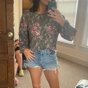 Floral Camo Top with Ruffles on Sleeves